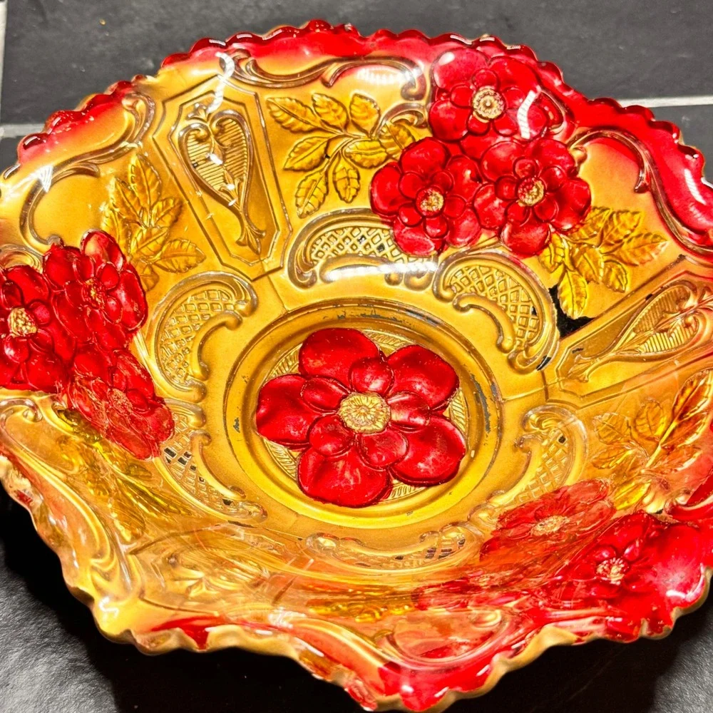 Vintage Goofus Glass Embossed Gold Flower Candy Dish Trinket Bowl‎ Red Accent